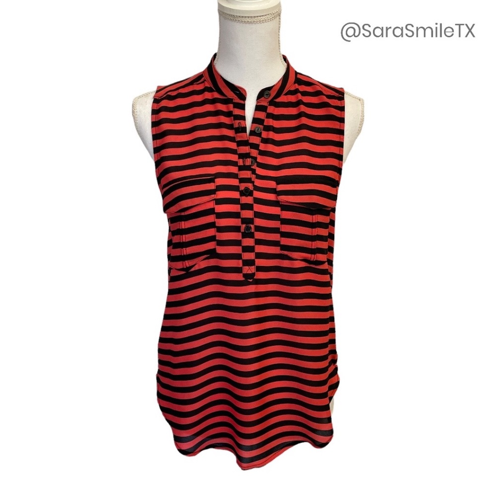 ELODIE Red Black Striped Sleeveless Partial Button Down Top